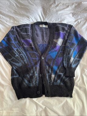 Vintage Michael Gerald Geometric Button Cardigan in Black, Blue & Purple